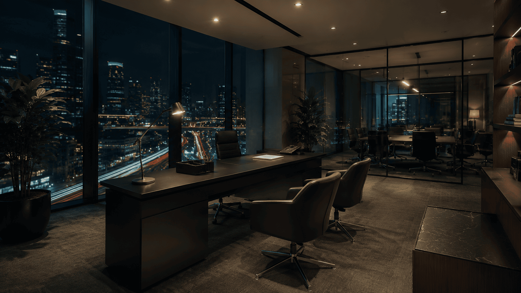 Oficina ejecutiva moderna de Cidelo con vista nocturna a la ciudad